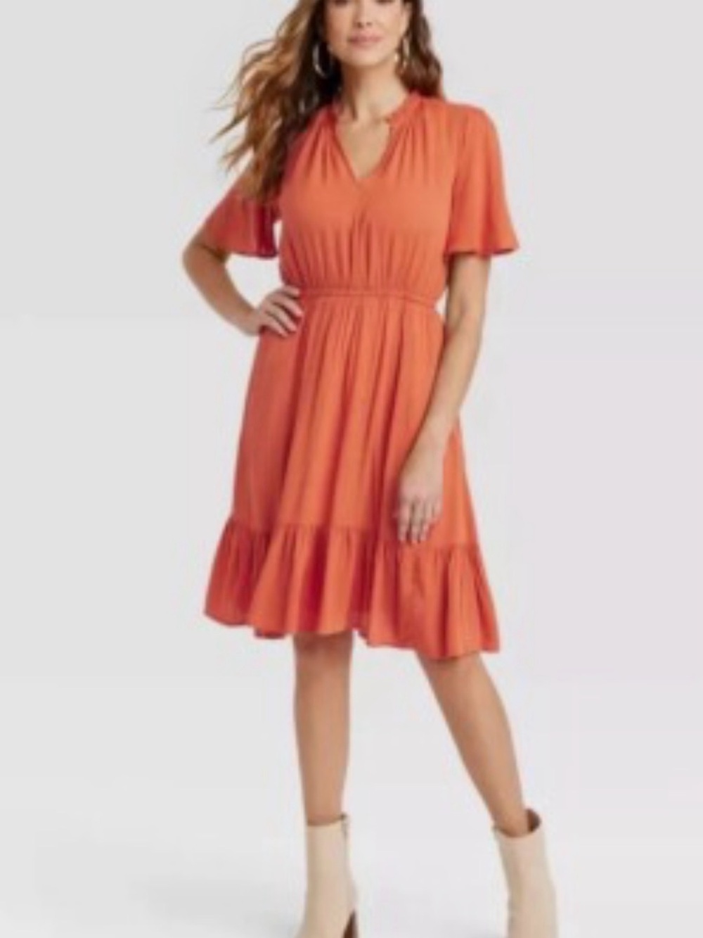 Knox Rose Flutter-Sleeve Ruffle-Hem Dress in Coral Orange XS